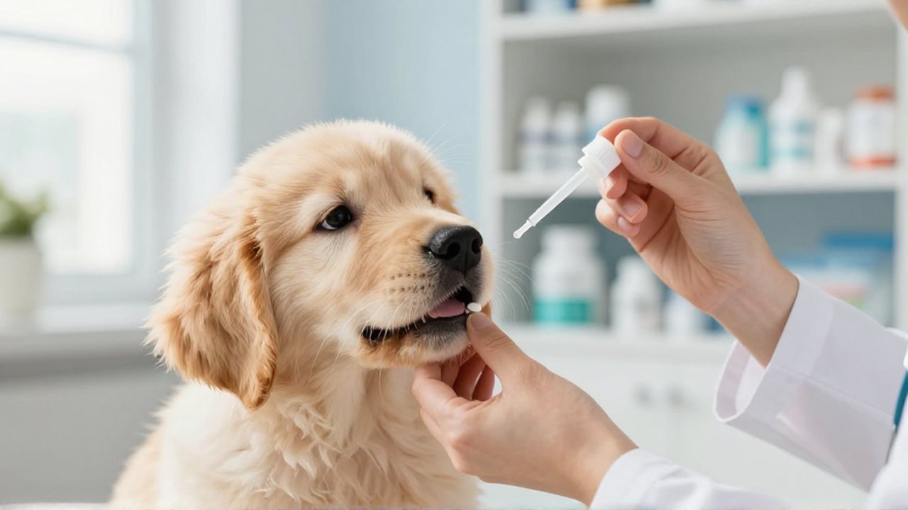 A veterinarian demonstrates how to administer medication to a small Golden Retriever puppy in a bright clinic.