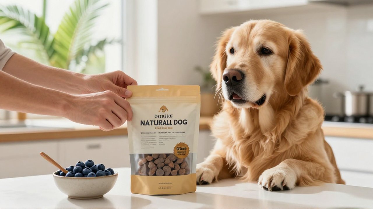 A person inspects a dog treat label next to a calm Golden Retriever in a sunlit kitchen.