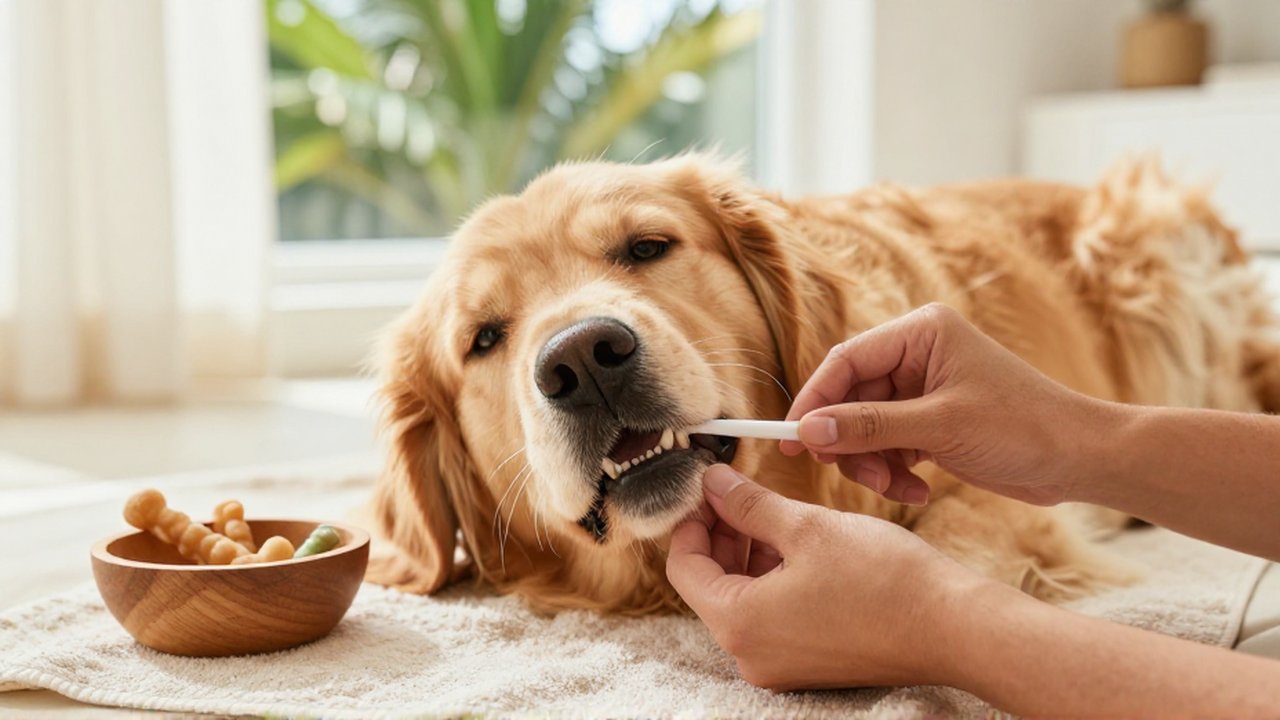 A person uses a white dental swab to clean the teeth of a calm golden retriever.