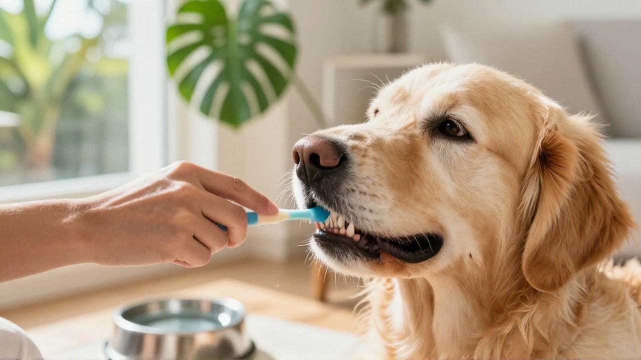 A person uses a silicone finger brush to clean the teeth of a Golden Retriever.