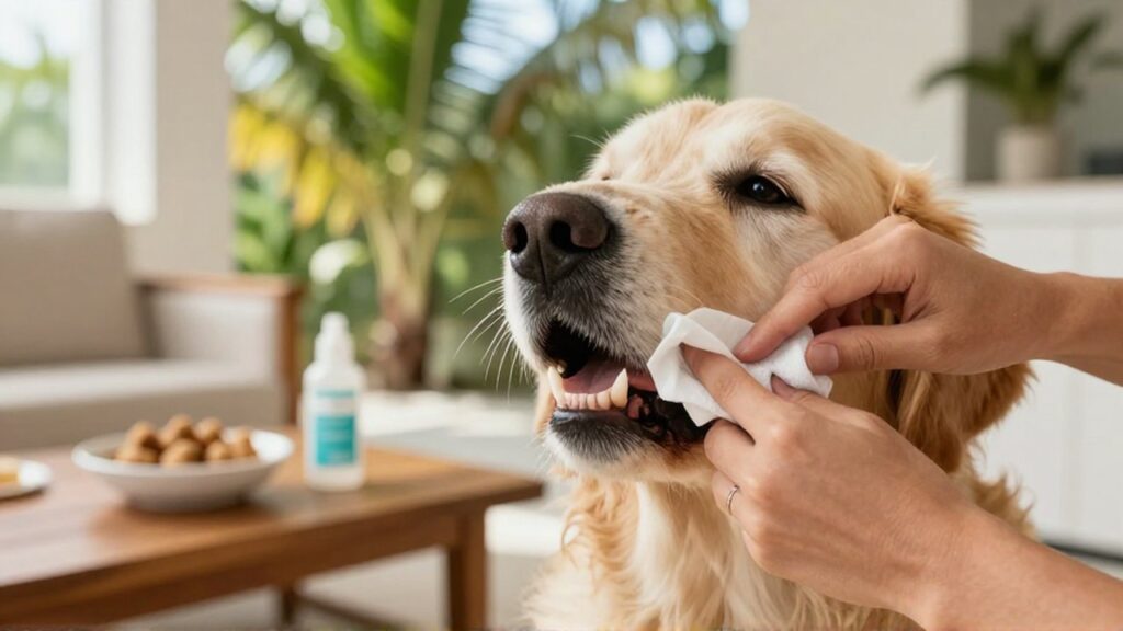 A person uses a white gauze pad to gently clean the teeth and gums of a calm Golden Retriever.