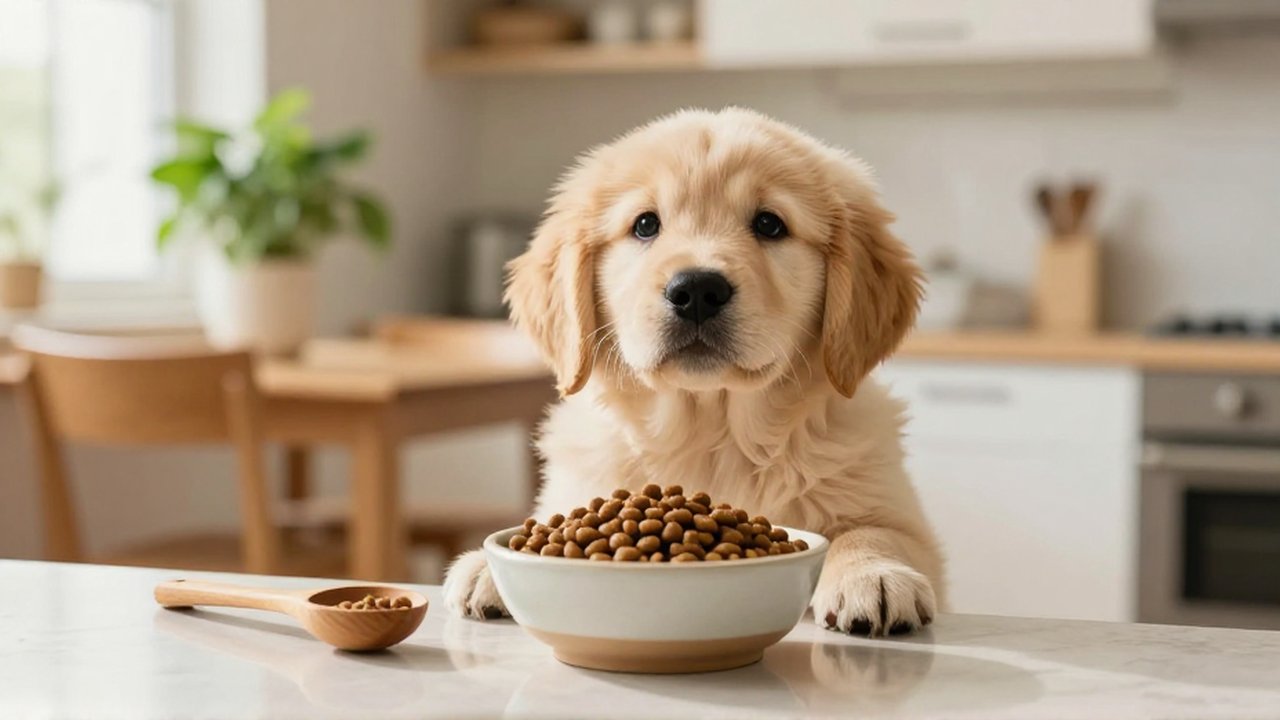 A golden retriever puppy sits attentively beside a ceramic bowl of kibble on a kitchen countertop.