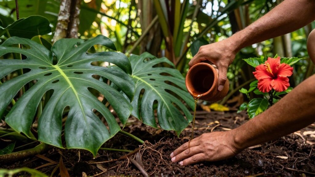 Hands pour liquid fertilizer from a terracotta vessel onto the base of tropical plants.