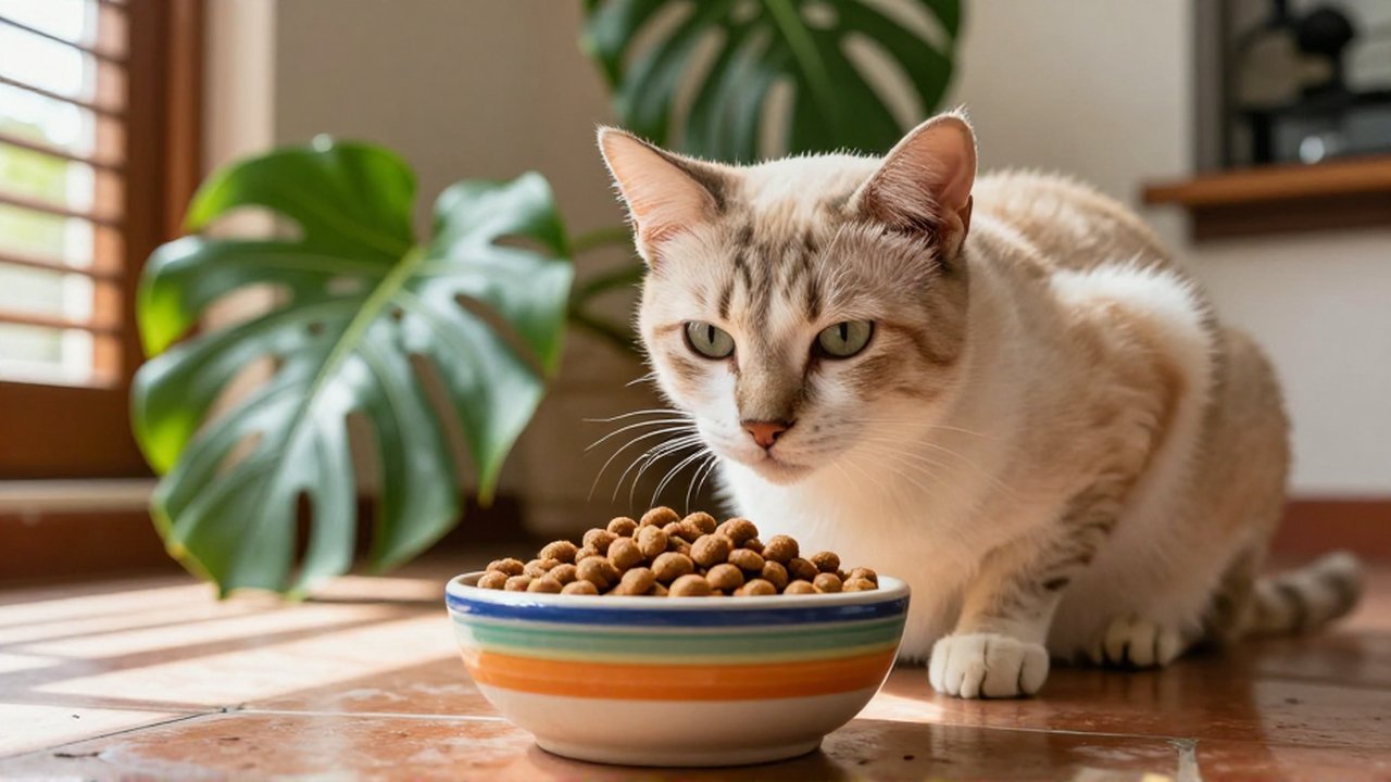 A weary domestic shorthair cat peers curiously at a bowl of kibble in a sunlit room.