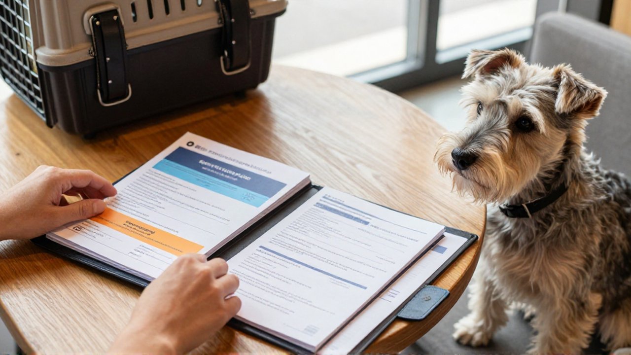 A person organizes pet vaccination records and medical certificates on a wooden table next to a small terrier.