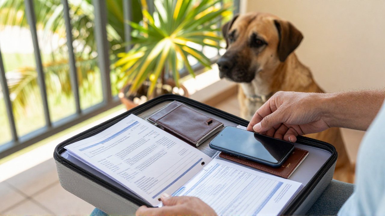 Hands organize pet vaccination documents and a smartphone next to a pet passport on a sunlit balcony.