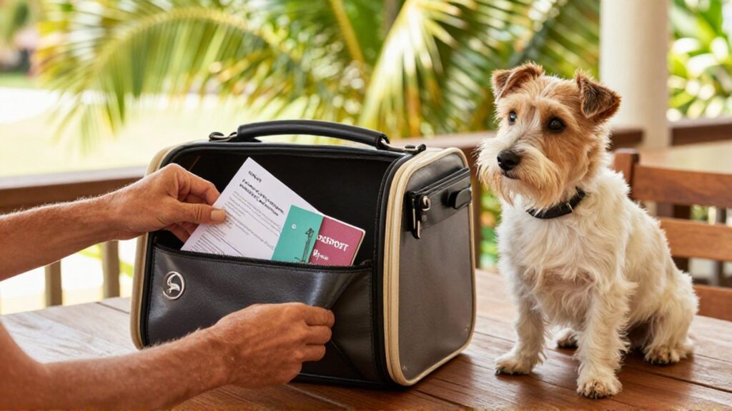 Hands tuck a vaccination booklet into a leather organizer beside a small terrier on a sunny tropical patio.