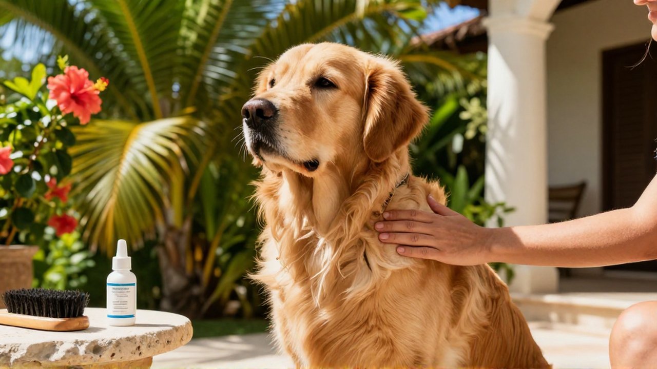 A woman gently inspects a Golden Retriever's fur on a sunlit tropical patio.