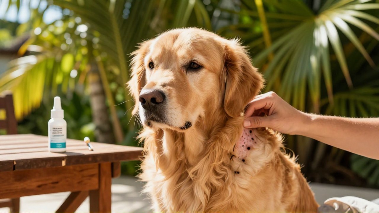 A person gently parts a golden retriever's thick fur to check its skin on a sunlit tropical patio.