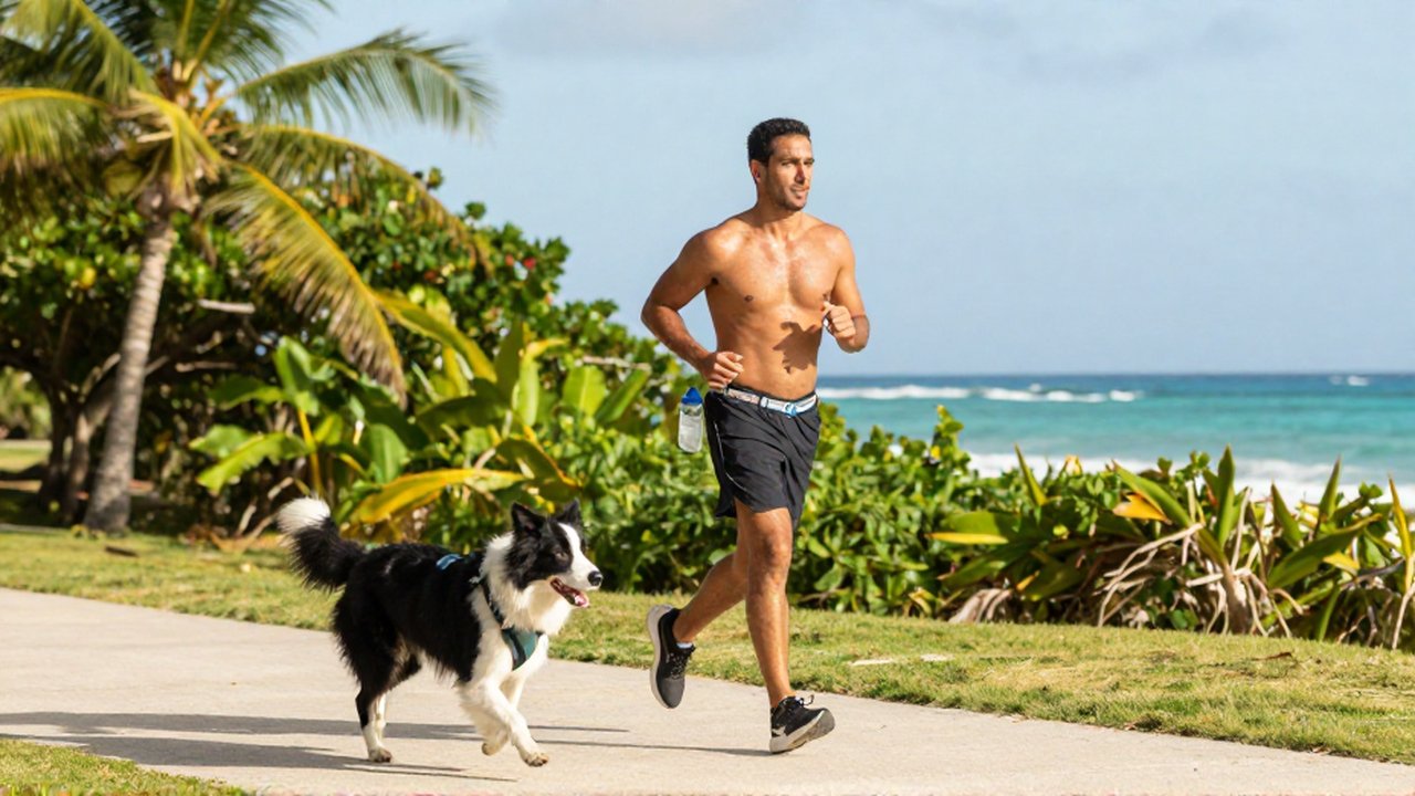 A man and a Border Collie jog together along a sunny tropical coastal path.