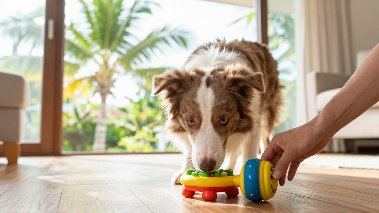 A focused Border Collie sniffs a colorful puzzle toy on a sunlit wooden floor.