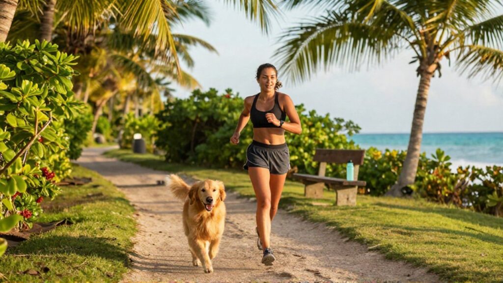 An energetic young woman and a Golden Retriever run along a sun-drenched tropical coastal trail.