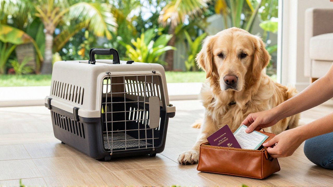 A calm golden retriever sits beside a pet carrier and travel documents in a sunlit room.