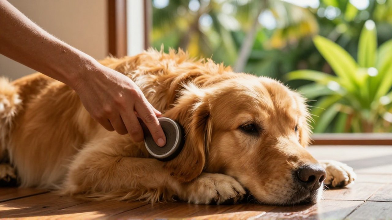 A person gently brushes a golden retriever's thick fur on a sunlit wooden floor.