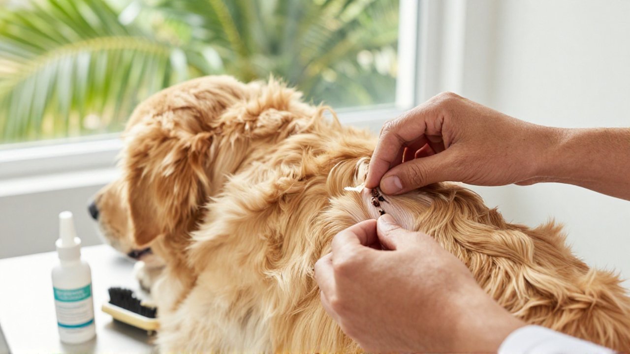 A veterinarian's hands gently inspect a Golden Retriever's fur for pests in a bright clinic.