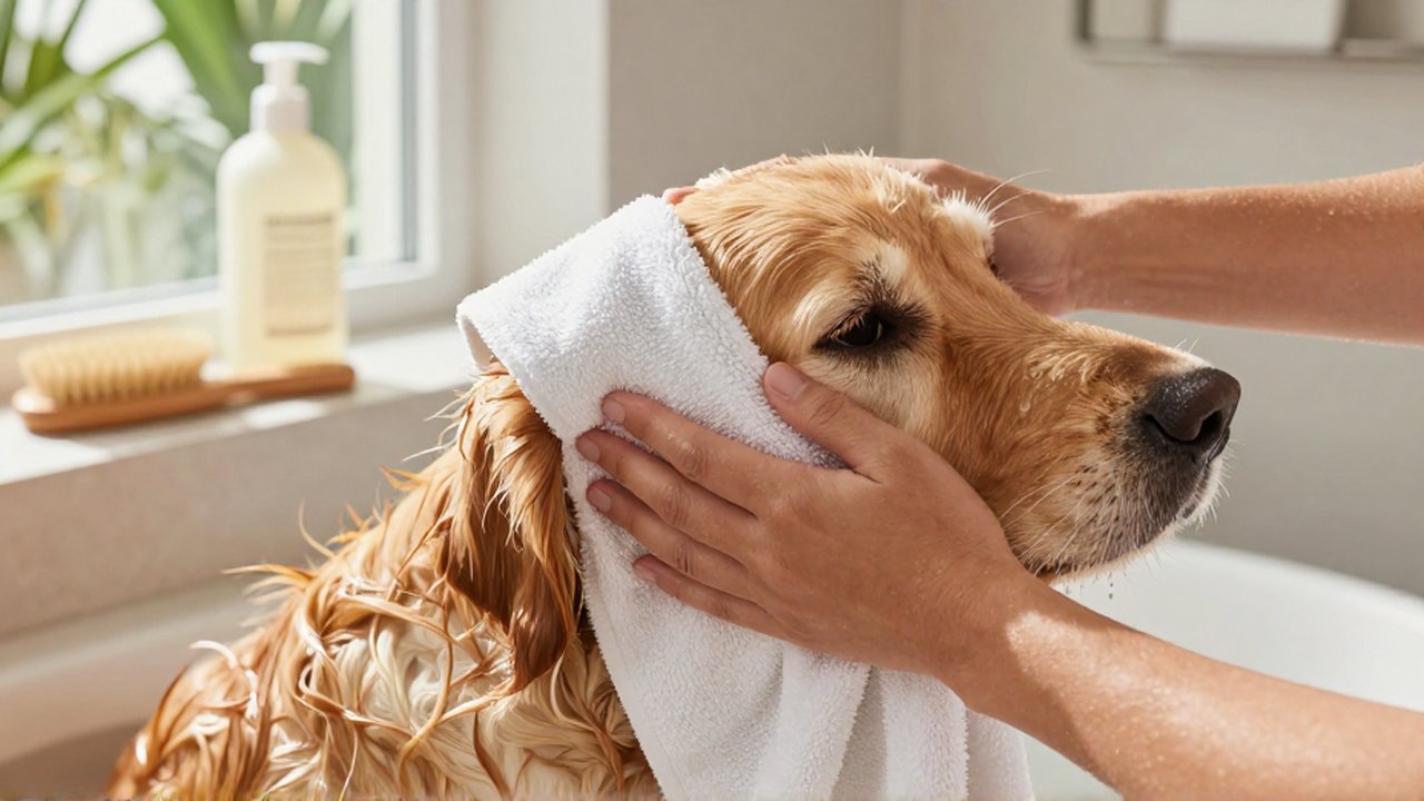 Hands gently pat a damp Golden Retriever dry with a white towel in a bright bathroom.