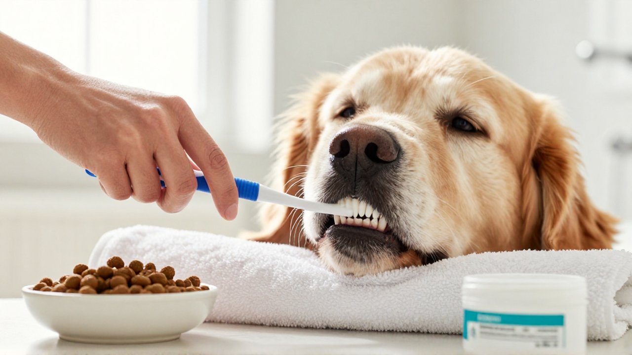 A person uses a rubber canine toothbrush to clean the teeth of a calm Golden Retriever.
