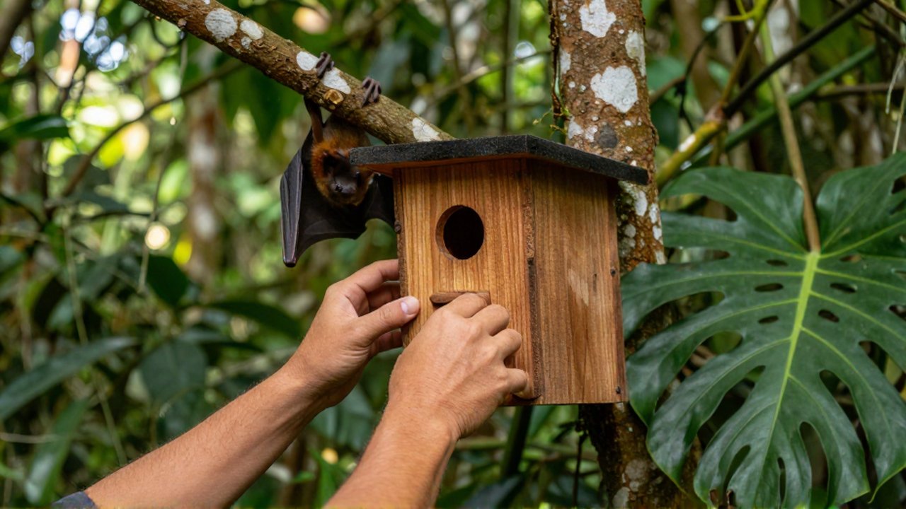A biologist's hands carefully mount a small wooden bat house onto a tree branch in a lush rainforest.
