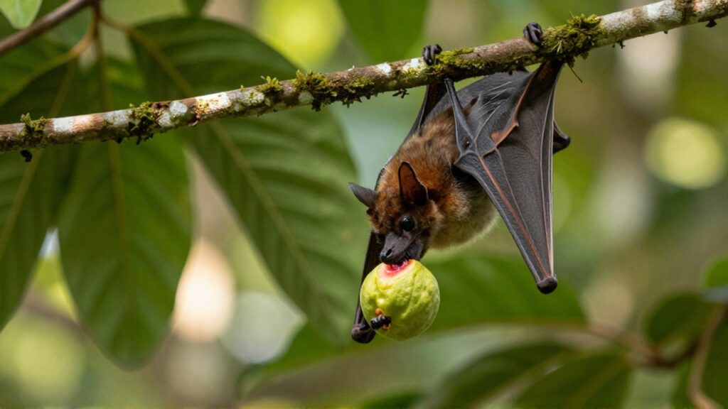 A small fruit bat clings to a mossy branch while feeding on a ripe guava in a lush rainforest.
