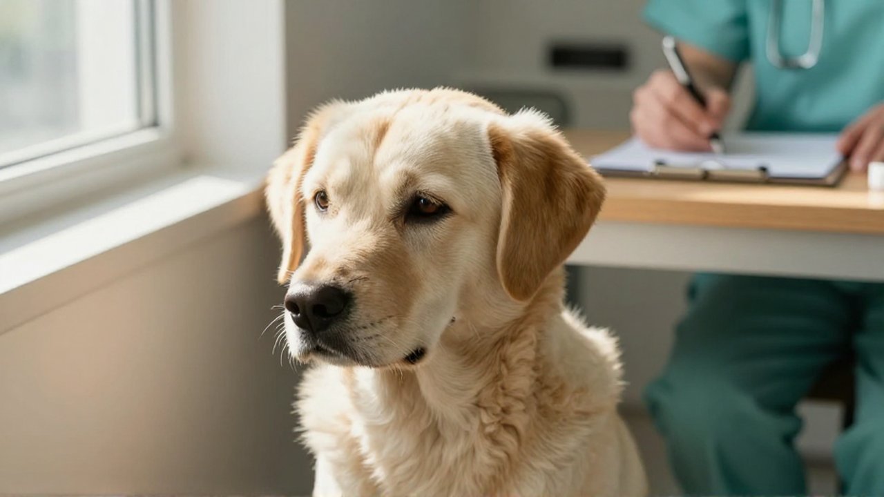 A lethargic rescue dog with cloudy eyes sits in a sunlit veterinary examination room.