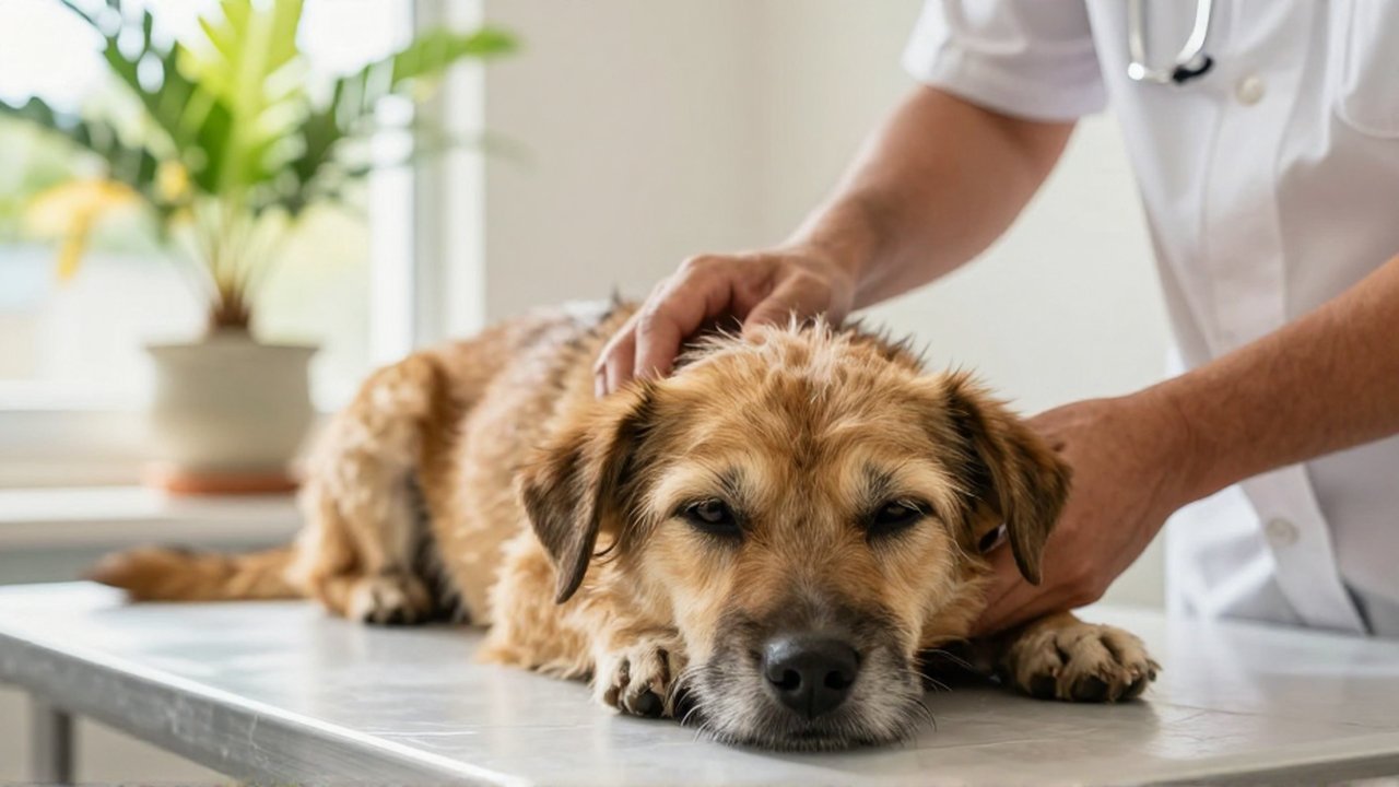 A veterinarian's hands gently examine a tired, scruffy terrier mix on a clinic table.