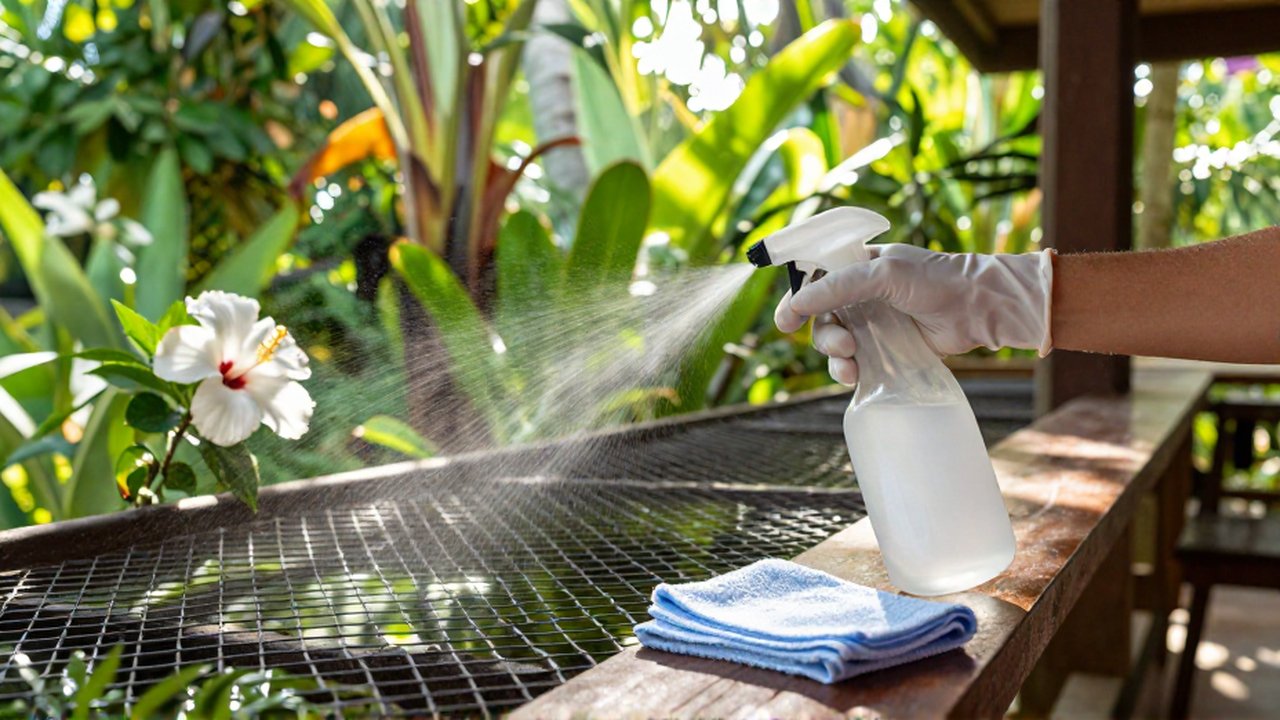 Gloved hands spray a cleaning solution onto the mesh bars of a tropical aviary.