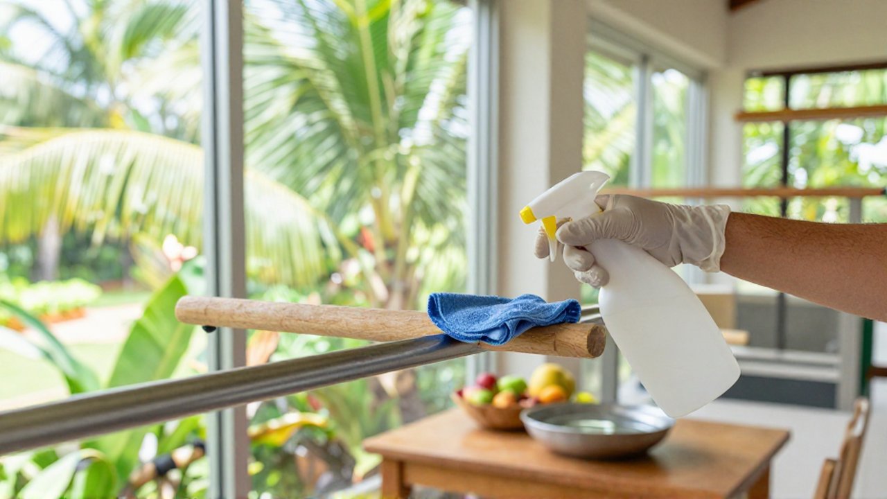 A person wearing gloves wipes down a tropical bird aviary with a microfiber cloth and cleaner.