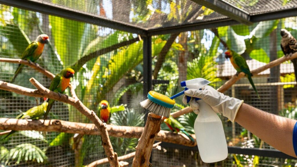 A person in protective gloves cleans a large outdoor tropical aviary containing several brightly colored small parrots.