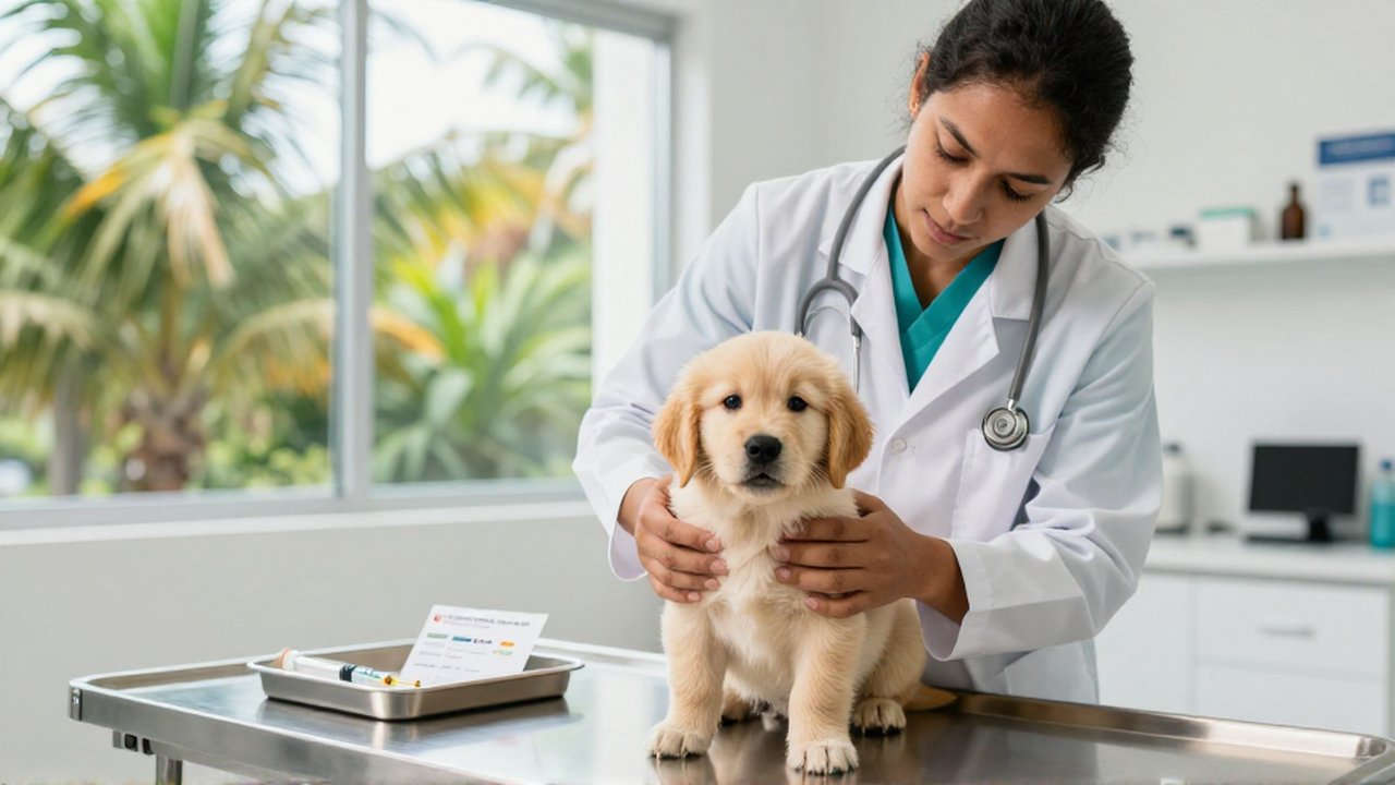 A veterinarian gently examines a Golden Retriever puppy on a medical table in a bright clinic.