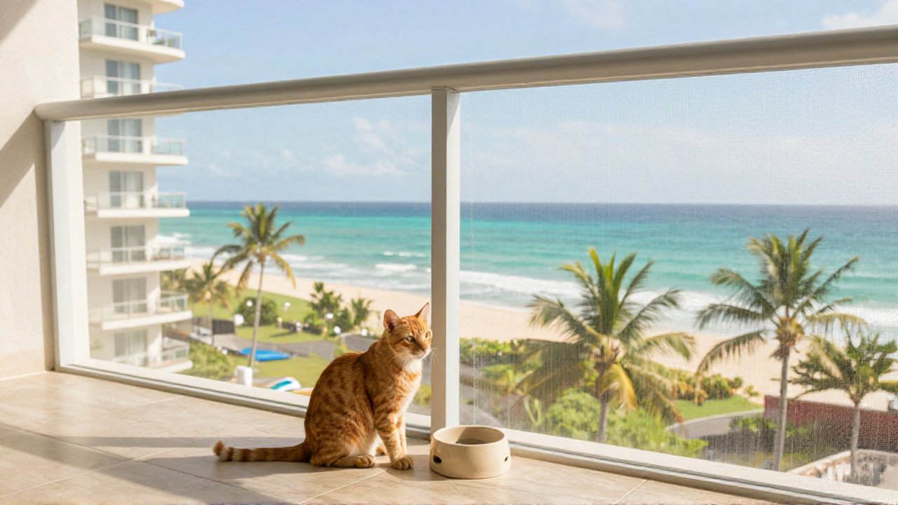 A ginger tabby cat sits behind a safety net on a balcony overlooking a tropical ocean.