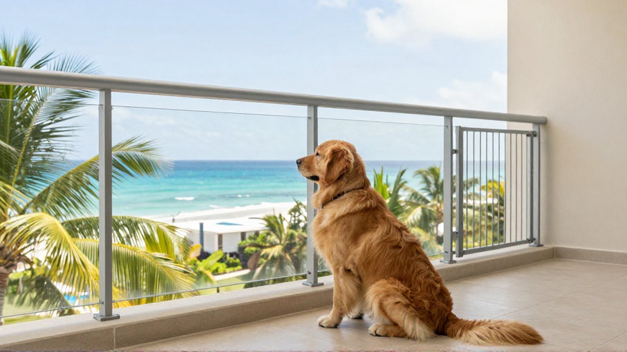 A golden retriever sits on a high-rise balcony secured with transparent safety netting overlooking a tropical coastline.