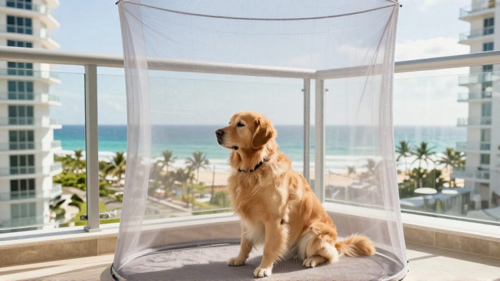 A calm golden retriever sits behind protective safety netting on a balcony overlooking a tropical coast.