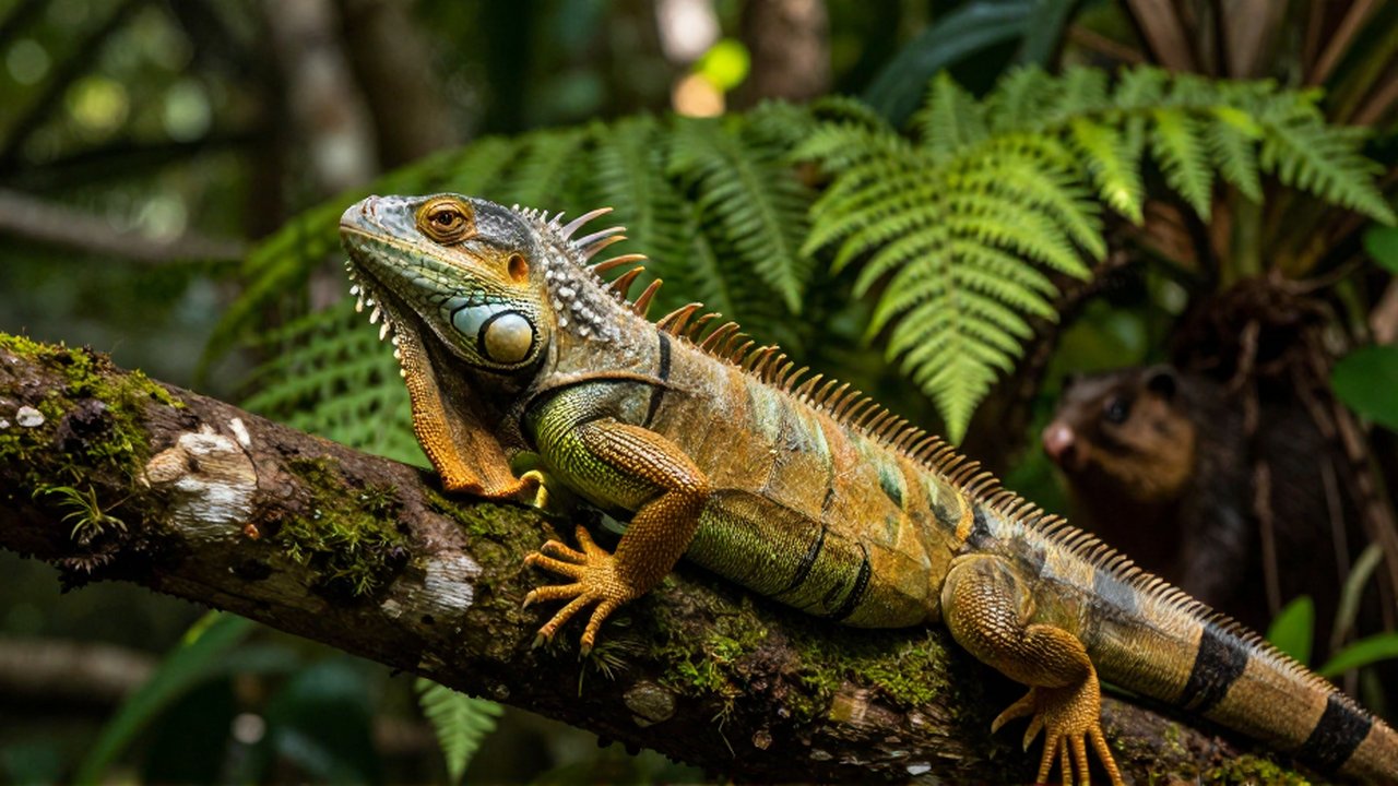 A detailed green iguana crawls along a mossy tree branch in a lush tropical forest.