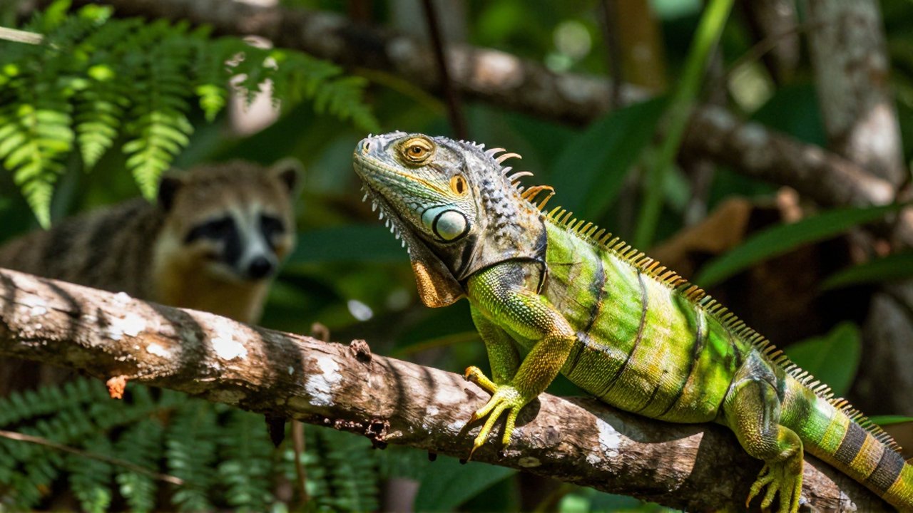 A vibrant green Hispaniolan iguana perches on a tree branch in a sunlit tropical jungle.