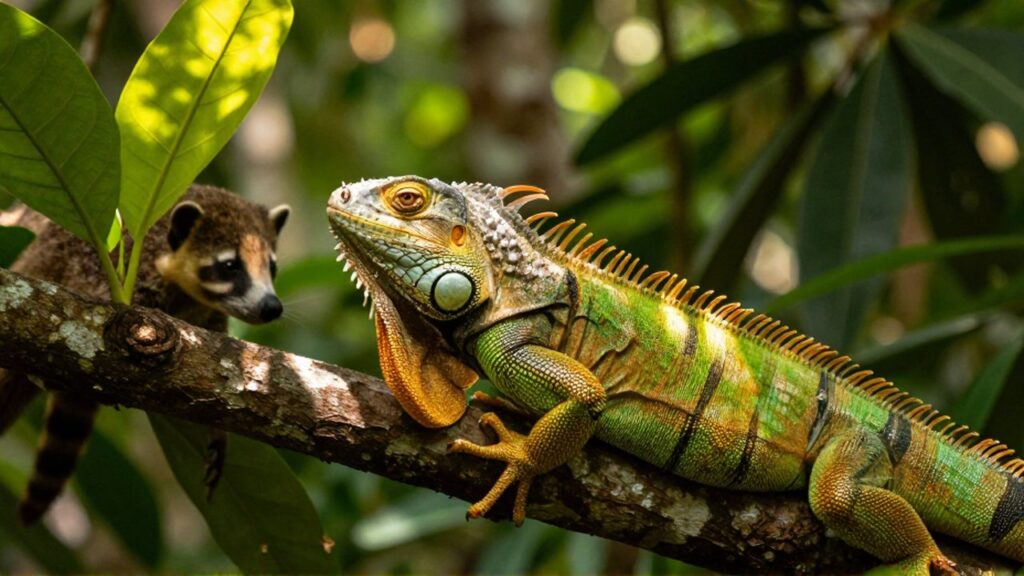 A vibrant green iguana rests on a tree branch in a lush tropical forest.