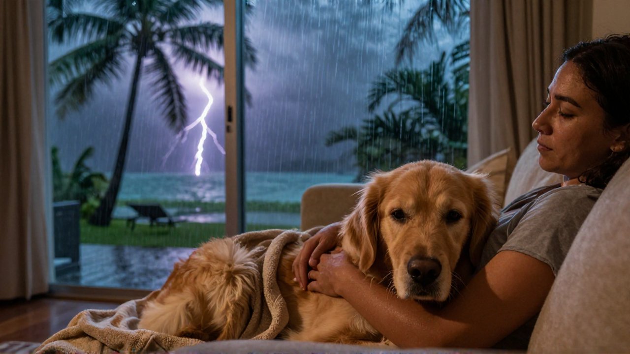 A worried Golden Retriever huddles against its owner's legs for comfort during a tropical rainstorm.