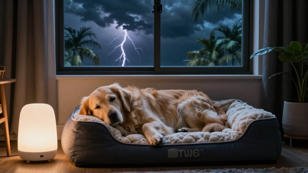 A calm Golden Retriever rests on a soft bed in a cozy room while a storm rages outside.