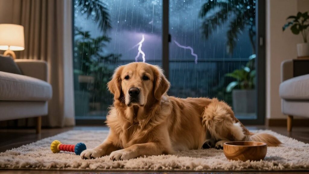 A golden retriever lies calmly on a rug in a cozy living room while a storm rages outside.