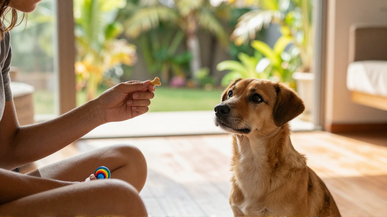 A patient person sits on a sunlit floor holding a treat and clicker for a shy dog.
