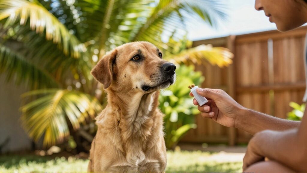 A trainer uses a clicker and kibble to bond with a cautious rescue dog in a sunlit tropical backyard.