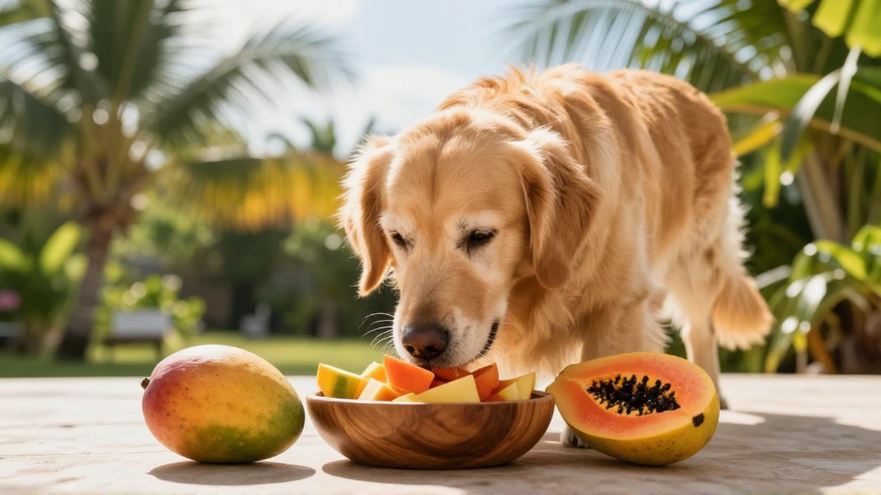 A curious Golden Retriever sniffs a wooden bowl of sliced tropical fruits on a sunlit terrace.
