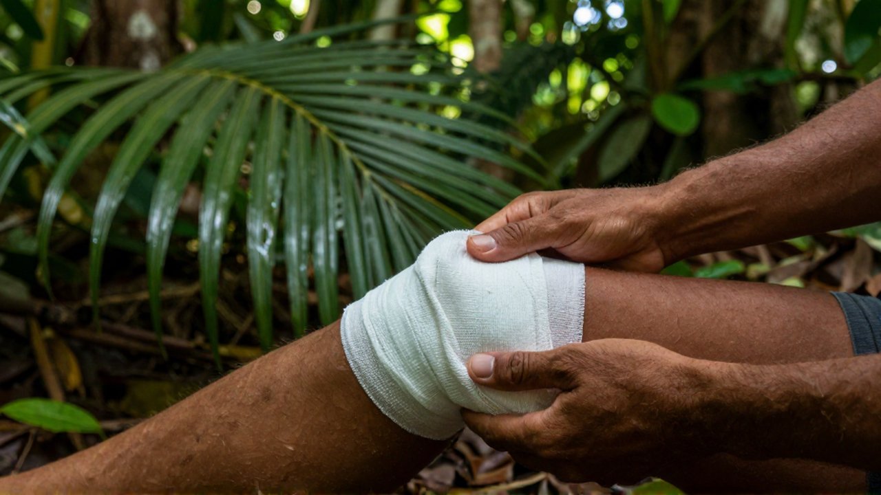 Hands carefully wrap a white cloth bandage around a person's lower leg in a tropical forest.