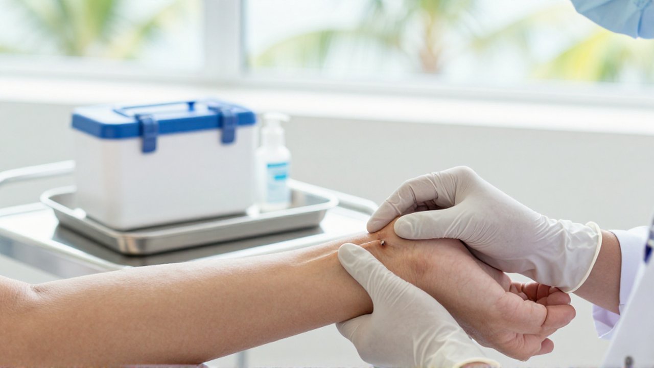 A medical professional in gloves examines a small puncture wound on a patient's leg in a bright clinic.