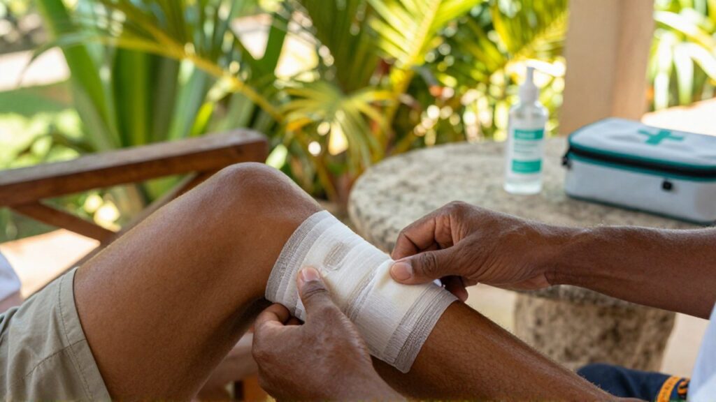 Hands carefully applying a sterile pressure bandage to a lower leg wound on a tropical patio.