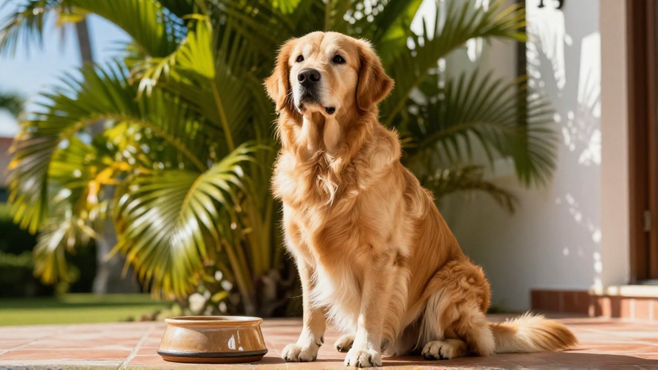 A healthy Golden Retriever sits on a sun-drenched tropical patio near a water bowl.