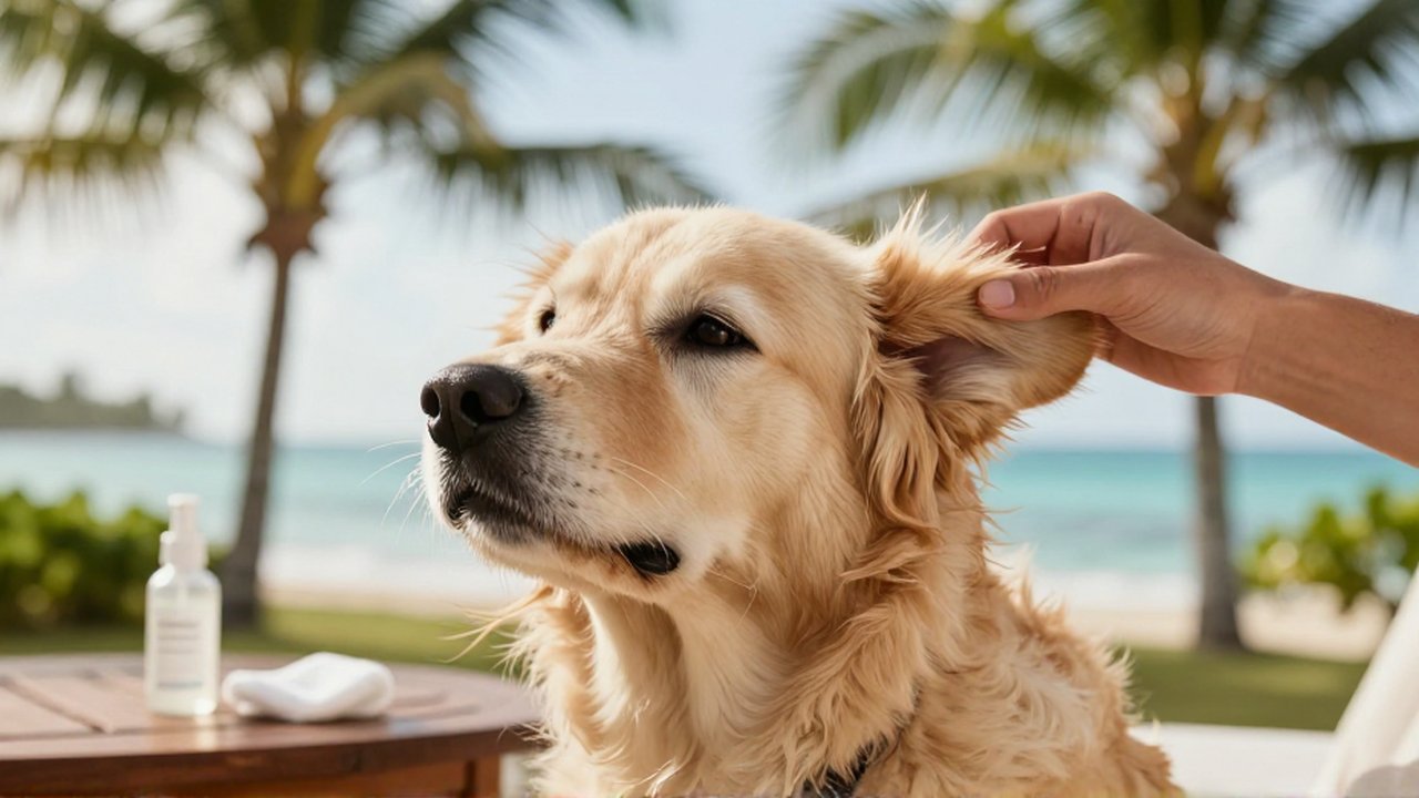 A person gently inspects a golden dog's ear on a breezy tropical patio near the coast.
