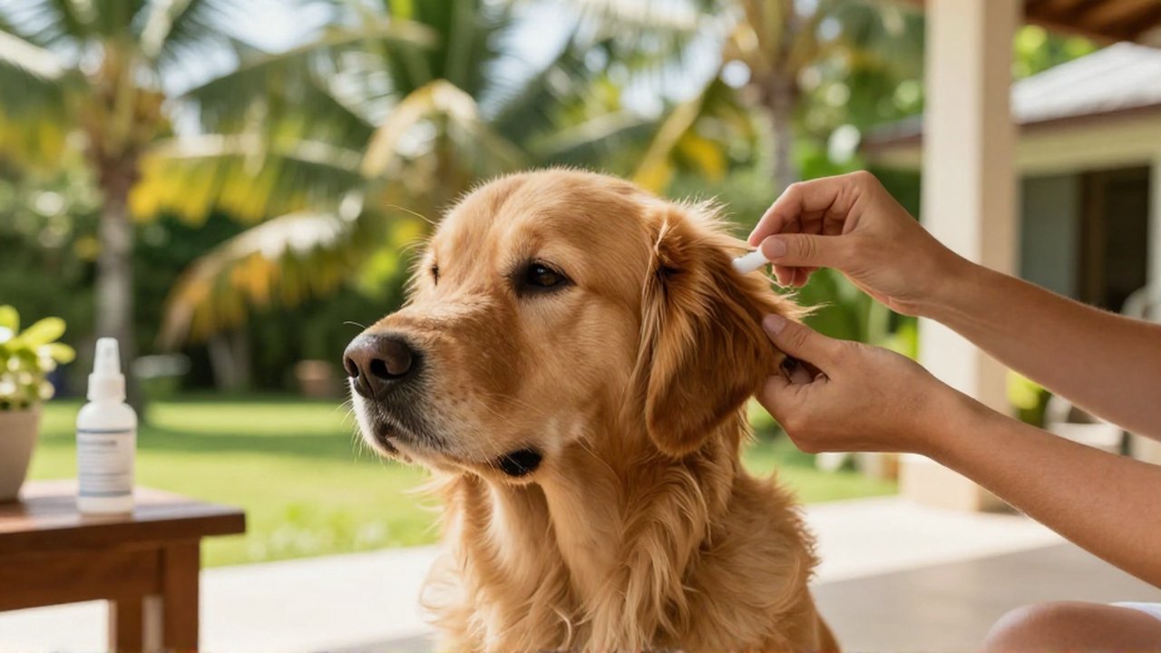 A person gently cleans a golden retriever's ear with a cotton swab on a sunny tropical veranda.