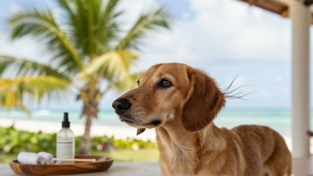 A long-eared dog stands on a tropical veranda next to ear cleaning supplies.