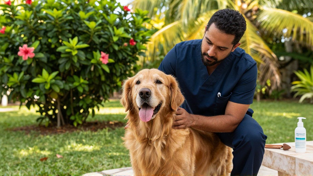 A veterinarian in a linen uniform gently inspects a healthy Golden Retriever in a tropical garden.