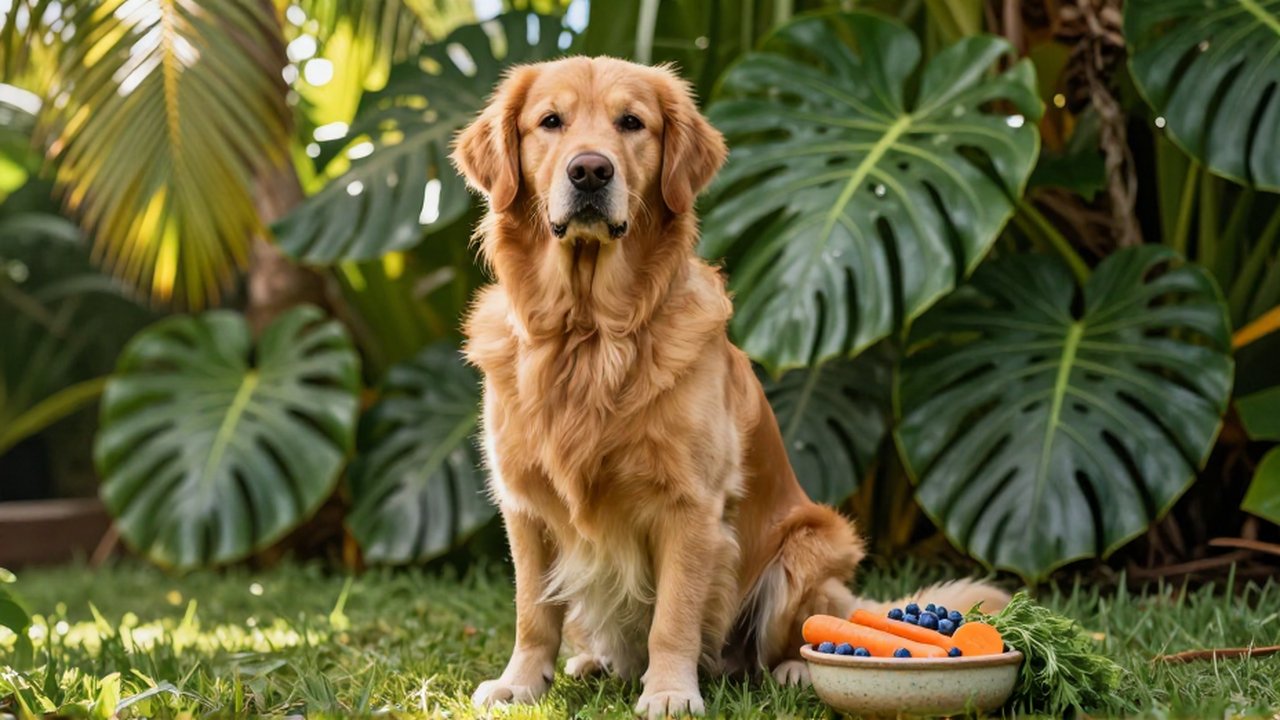 A healthy Golden Retriever sits in a lush tropical garden next to a bowl of fresh vegetables and fruit.